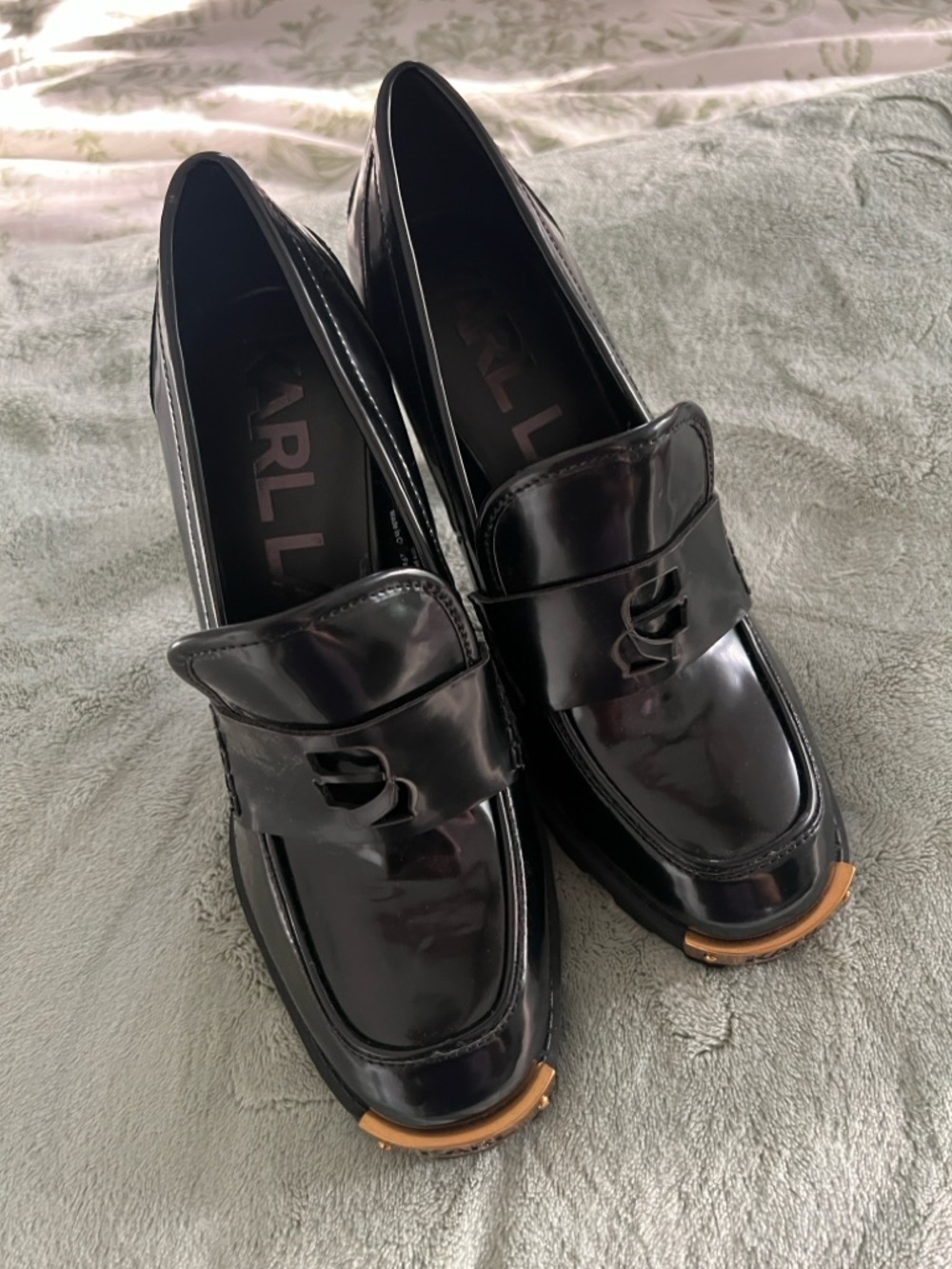 Karl Lagerfeld Black Patent Loafers with Tan Toe Accent - Picture 3 of 12